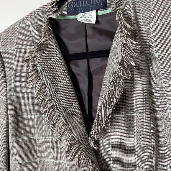 Harve Bernard Wool Blend Brown Plaid Fringe Detail Blazer Jacket Size 8 Petite - Picture 7 of 7